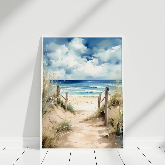 Poster Arte de Parede de Ilustração Costeira de Aquarelas (Watercolor Coastal Beach Illustration Wall Art in a white frame)