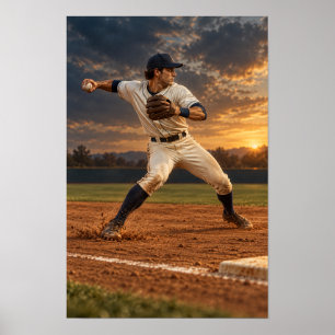 Poster Arte de Parede de Jogador de Beisebol ao Pôr do So