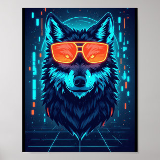 Poster Arte de Parede de Jogo de Lobo Alfa Neon Cyberpunk
