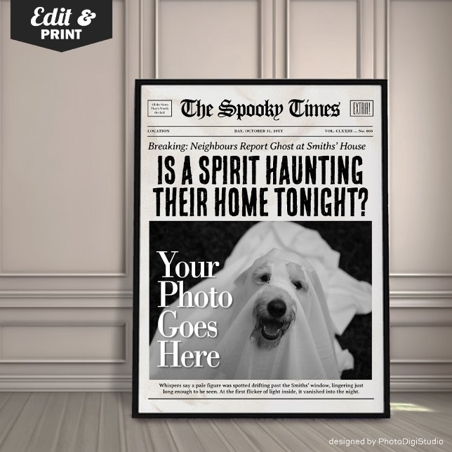 Poster Arte de parede de jornal personalizado de Hallowee (Custom Halloween Newspaper Wall Art Ghost Sighting | trendy halloween decor | halloween poster)