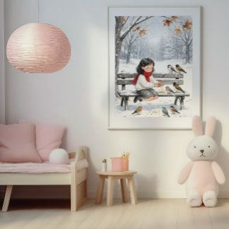 Poster Arte de Parede de Menina de Inverno Fofo Alimentan