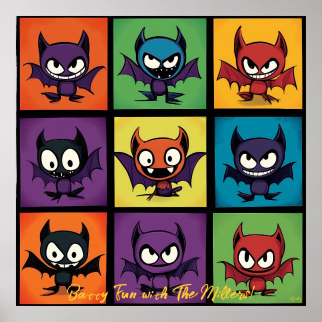 Poster Arte de Parede de Morcego em Grid Cartoon Pop Art  (Frente)
