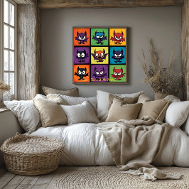 Poster Arte de Parede de Morcegos de Quadrícula em Cartoo