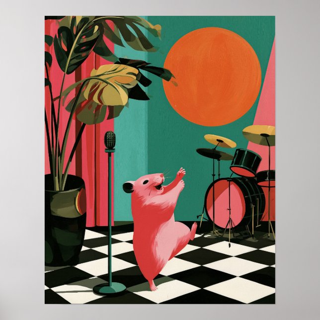 Poster Arte de Parede de Música Retro de Hamster Cantando (Frente)