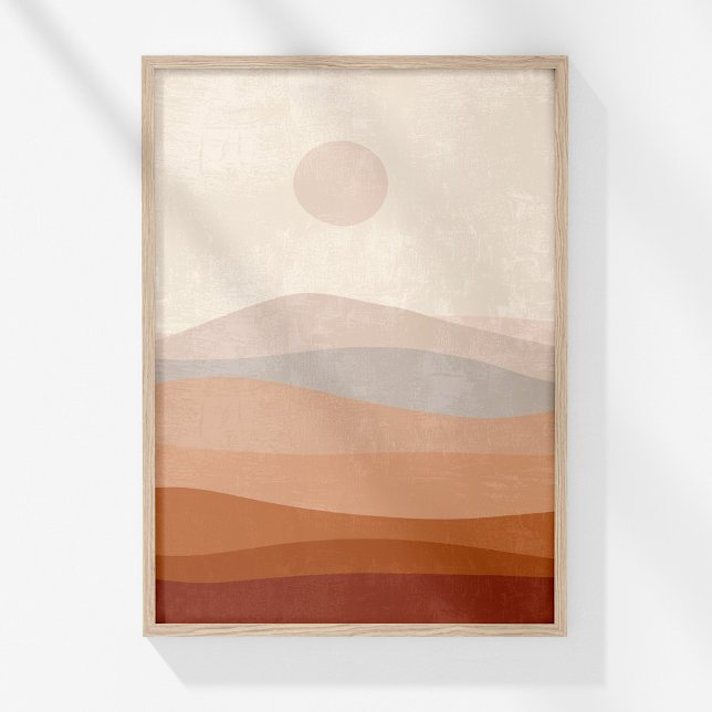 Poster Arte de Parede de Paisagem Abstrata Neutra em Terr (Boho Terracotta Neutral Abstract Landscape Art Poster in a wooden frame on a sunny white wall.)