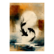 Arte de Parede de Peixe Abstrato Japonês Moon Koi