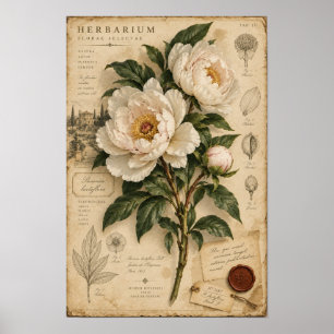 Poster Arte de Parede de Peônia Branca Vintage Herbário B