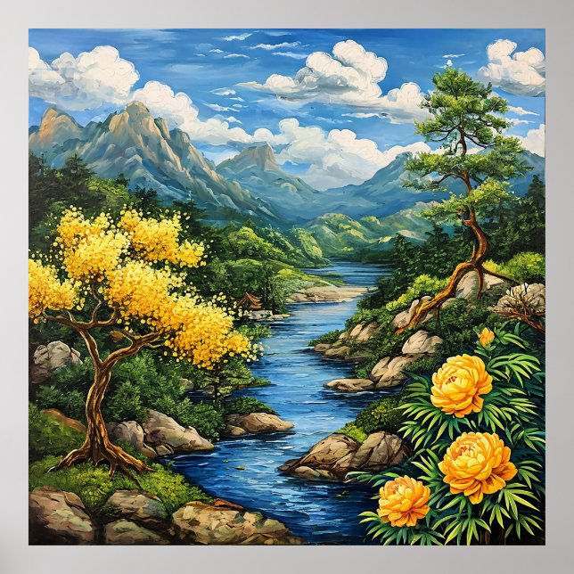 Poster 🌿 Arte de Parede de Rio de Montanha para Decoraçã (Frente)