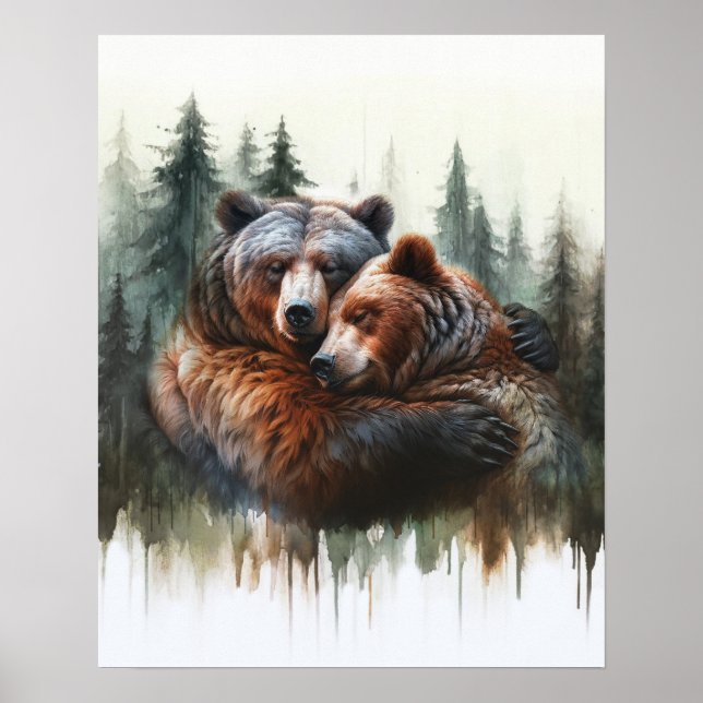 Poster Arte de Parede de Urso de Aquarela Árvores Rústica (Frente)