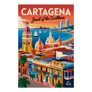 Póster Arte de Parede de Viagem Retro Cartagena Colômbia