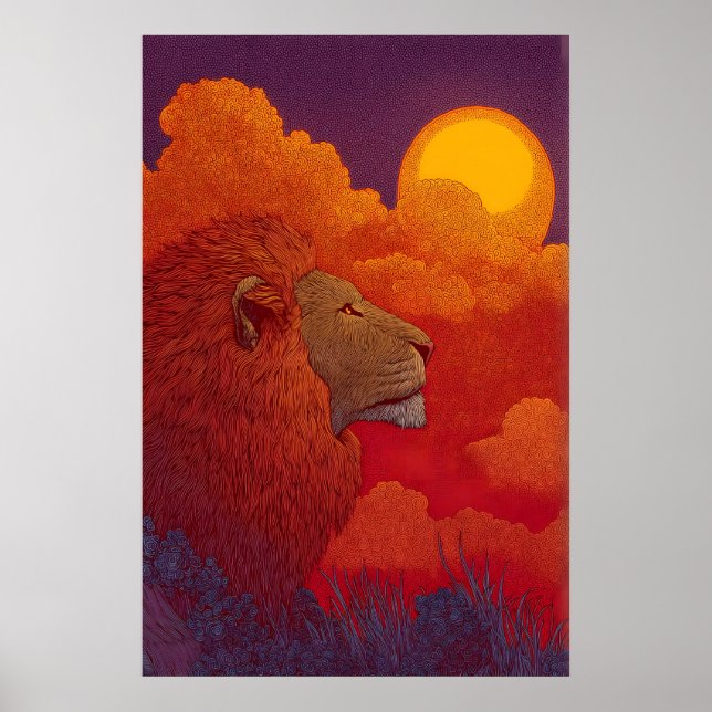 Poster Arte de Parede do Leão Pôr do Sol Chama Mane, Sol  (Frente)