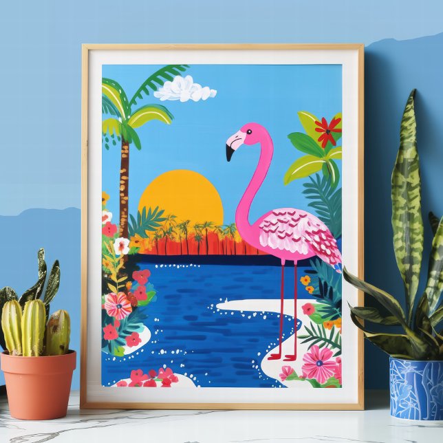 Poster Arte de Parede do Pôr do Sol Tropical do Flamingo  (Criador carregado)