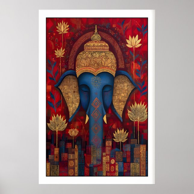 Poster Arte de Parede Elefante Budista Místico, Flores de (Frente)