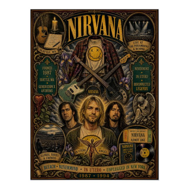 Póster Arte de parede em estilo retrô de Nirvana Kurt Cob (Frente)