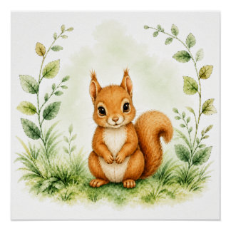 Póster Arte de Parede Esquilo Vermelho da Floresta Poster