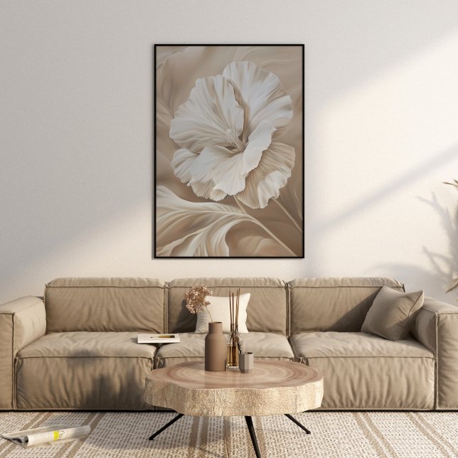 Poster Arte de Parede Estética de Flores Modernas (Modern Beige Flower Aesthetic Wall Art in a beautiful neutral beige boho luxe living room.)