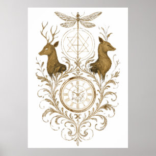 Poster Arte de Parede Estética Veado e Libélula Dourado V