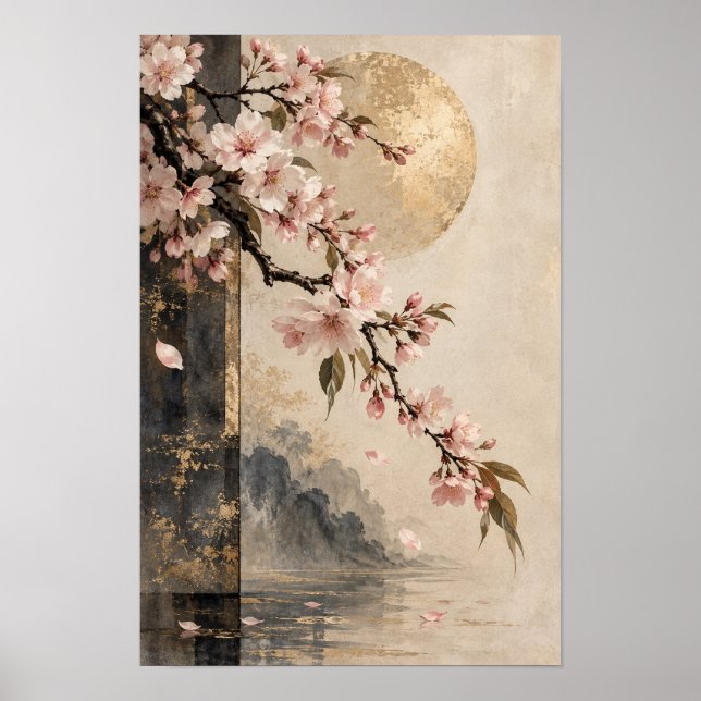 Poster Arte de Parede Flor de Cerejeira Corada Lua Dourad (Frente)