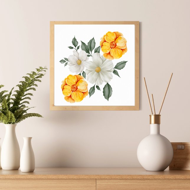 Poster Arte de Parede Floral Amarelo Branco Flores Verde (Criador carregado)
