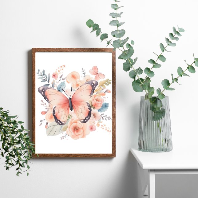 Poster Arte de Parede Floral Borboleta Rosa Aquarela  (Pink Butterfly Floral Watercolor Wall Art Poster, Framed or Unframed)