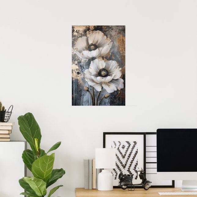 Poster Arte de Parede Floral Branco Elegante com Acentos  (Escritório em casa)