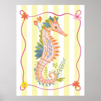 Poster arte de parede floral de cavalo-marinho funky