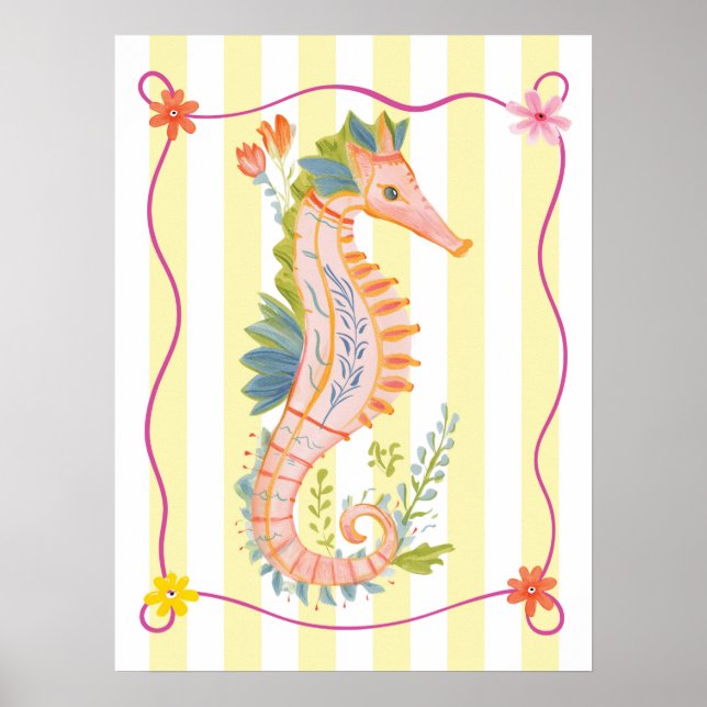 Poster arte de parede floral de cavalo-marinho funky (Frente)