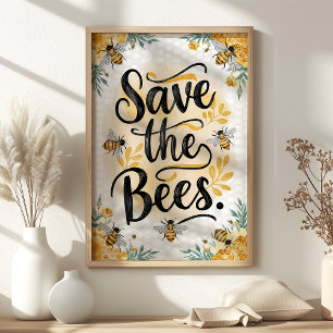 Poster Arte de Parede Floral e Mel Save the Bees