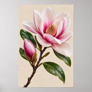 Poster Arte de Parede Floral Magnólia Rosa Vintage Elegan