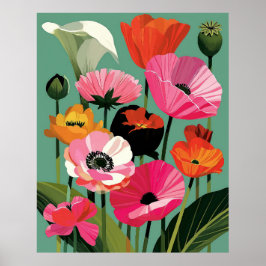 Poster Arte de Parede Floral Papoula Moderna de Meados do
