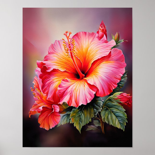 Poster Arte de Parede Floral Tropical Hibisco Rosa (Frente)