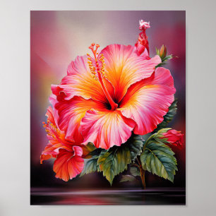 Poster Arte de Parede Floral Tropical Hibisco Rosa