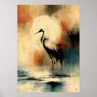 Arte de Parede Garça Abstrata Sumi-E Japonesa Lua