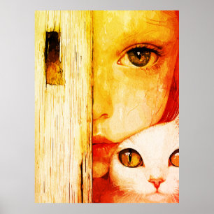 Poster Arte de Parede Garota Surrealista e Gato – Fantasi