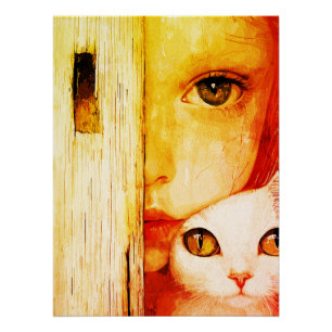 Póster Arte de Parede Garota Surrealista e Gato – Fantasi
