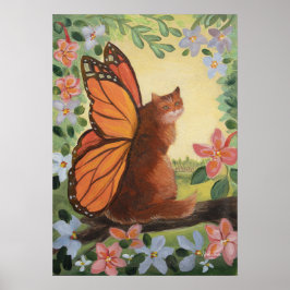 Poster Arte de Parede Gato Borboleta Monarca em Prado