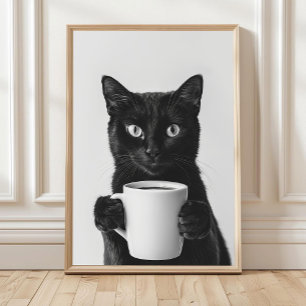 Poster Arte de Parede Gato Preto Bebendo Café, Preto e Br