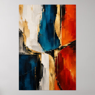 Poster Arte de Parede Geométrica Abstrata em Ouro e Verme