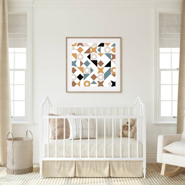 Poster Arte de Parede Geométrica para Berçário Bauhaus (Modern Bauhaus wall art styled in a neutral nursery for a warm, gender-neutral décor look.)