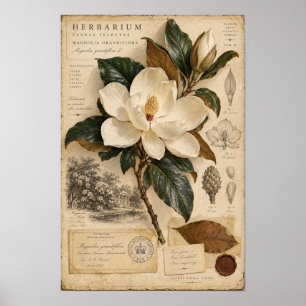 Poster Arte de Parede Herbário de Magnólia Branca Vintage