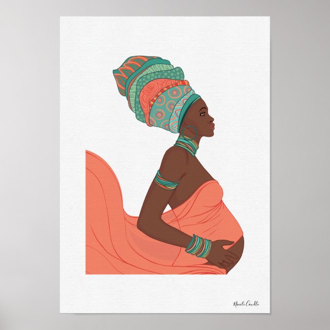 Poster Arte de Parede Ilustrada de Gestante Mulher Preta (Frente)