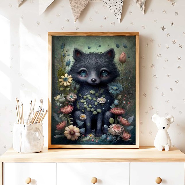 Poster Arte de Parede Impressa Berçário Raposa Preta Míst (Mystical Black Fox Nursery Wall Art Print by TinkPrints.)