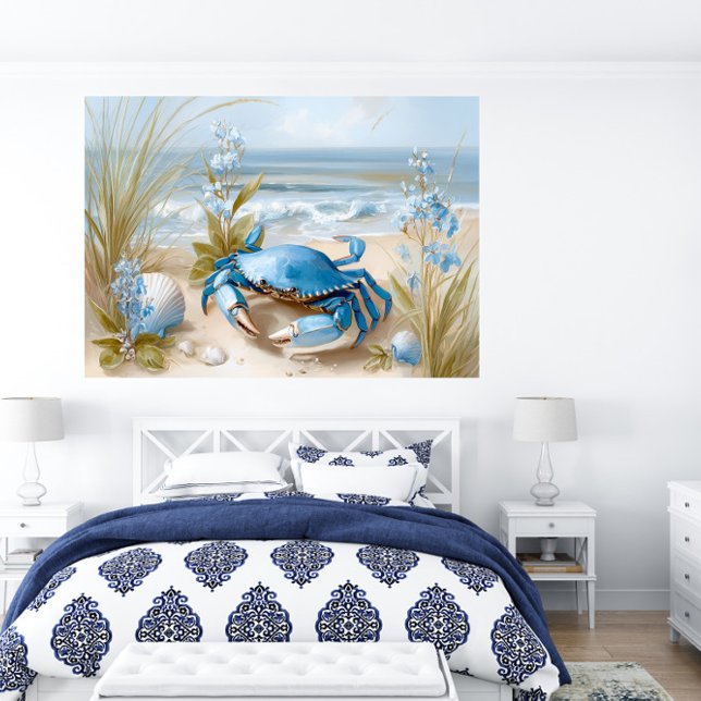 Poster Arte de parede impressa da praia de caranguejo azu (Seaside Blue Crab Beach Wall Art Print | Poster by TinkPrints.)