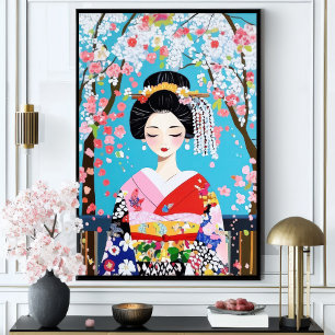 Poster Arte de Parede Japonesa Flor de Cerejeira Quimono 