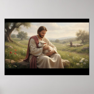 Poster Arte de Parede Jesus Segurando um Cordeiro O Bom