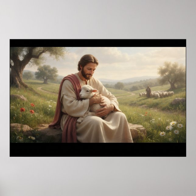 Poster Arte de Parede Jesus Segurando um Cordeiro | O Bom (Frente)