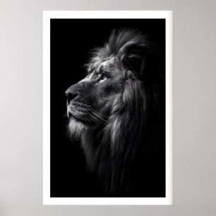 Poster Arte de Parede Leão Preto e Branco Perfil Lateral 