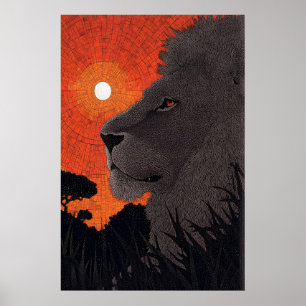 Poster Arte de Parede Leão Safari, Silhueta do Pôr do Sol