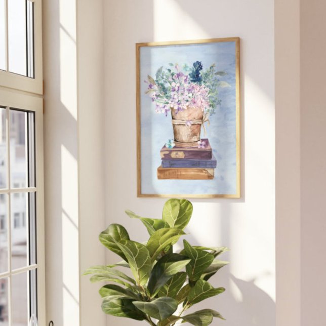 Poster Arte de Parede Livros e Flores Roxo Azul (In-Context, Beside the Window)