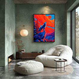 Poster Arte de Parede Lobo Expressionista sob Lua Carmesi